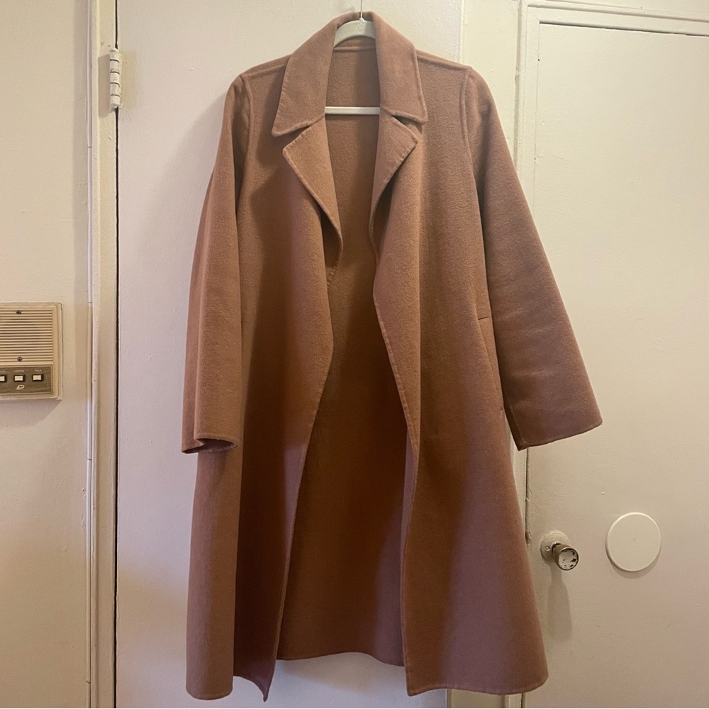 SOLD • Zara Belted Camel Coat in taupe brown color